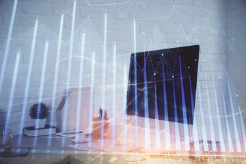 Multi exposure of stock market chart drawing and office interior background. Concept of financial analysis.