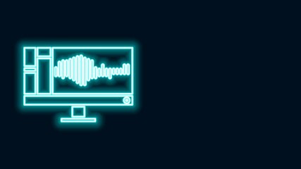 Poster - Glowing neon line Sound or audio recorder or editor software on computer monitor icon isolated on black background. 4K Video motion graphic animation