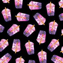 Pattern With Pink Cocktails With A Straw Painted With Watercolor On A Black Background