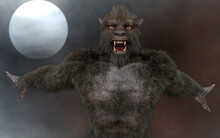 Lycan Werewolf Against The Background Of The Full Moon 3d Illustration