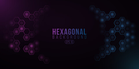 Futuristic hexagonal cyber background for high-tech project. Glowing blue and purple sci-fi pattern with light effect. Blue honeycomb for scientific design. Vector illustration
