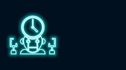 Poster - Glowing neon line Robot and digital time manager icon isolated on black background. Time management assistance, workflow optimization help. 4K Video motion graphic animation
