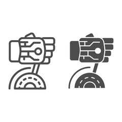Poster - Robot hand turns on switch line and solid icon, Robotization concept, robotic hand sign on white background, robot arm turns on voltage icon in outline style for mobile, web design. Vector graphics.