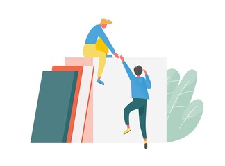 Aufkleber - Concept of mutual ascending, support and teamwork between partner or coworker. Leader help newcomer to climb career ladder. Work relations between colleagues. Flat vector cartoon illustration