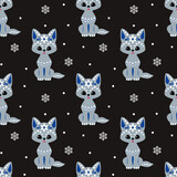 Fototapeta  - Christmas seamless pattern with cute wolf in ethnic style. Colorful vector background