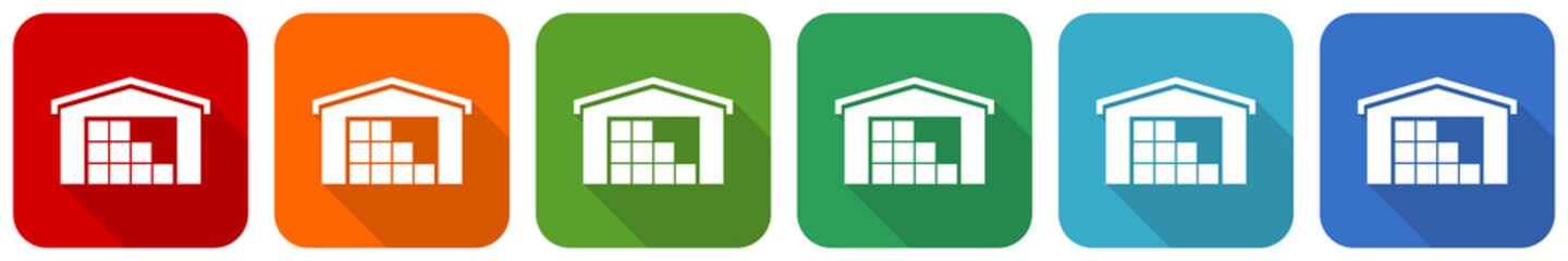 Poster - Warehouse, storage icon set, flat design vector illustration in 6 colors options for webdesign and mobile applications