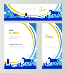 Wall Mural - Horse grassland theme blue color. Set flyer, banner, roll up banner, brochure design template