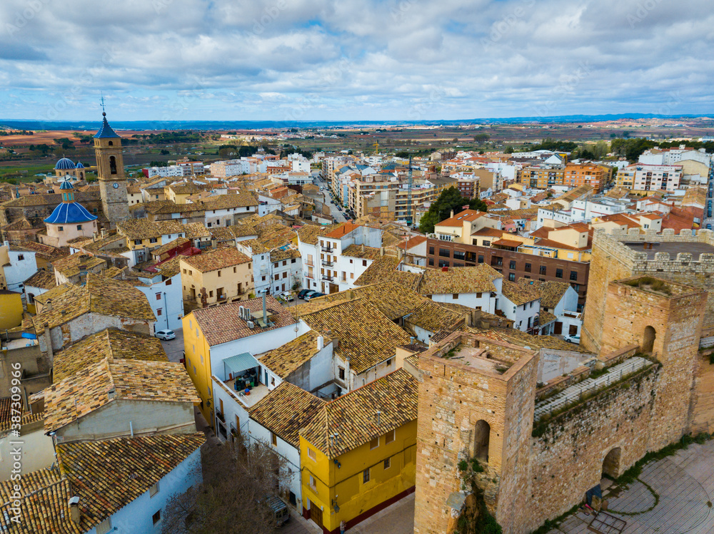 Aerial view of Castle towers and fortress in old town of Requena, Spain - obrazy, fototapety, plakaty 