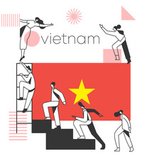 Group Of Office Workers Climbing The Stairs Of Success With National Flag And Geometrical Elements Isolated On White Background :  Vector Illustration