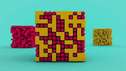 Poster - 3D animation of an abstract composition of geometric shapes and spheres. A cube with balls and a pixelated cube rotate separately on a light blue background.