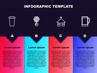 Wall Mural - Set line Coffee cup, Industrial hook, Church building and Glass beer. Business infographic template. Vector.