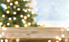 Unique Texture Wooden Board And Blurred Winter Holiday Lights Background