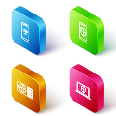 Sticker - Set Isometric line Smartphone with wireless, shield, Air conditioner and Laptop icon. Vector.