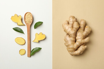 Ginger and spoon with ginger powder on two tone background