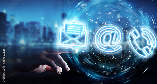 Fotografía Man hand using digital contact blue holographic interface 3D rendering