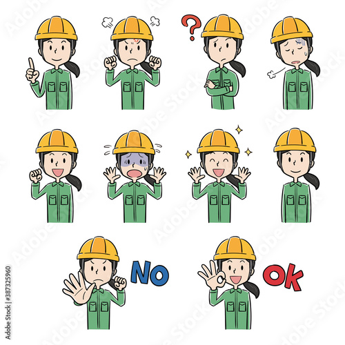 ヘルメットと作業着の女性ポーズ表情イラストセット Stock Vector Adobe Stock
