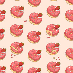 Wall Mural - Strawberry cute bitten donuts. Vector pink kids illustration. Seamless pattern 