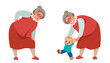 old woman bent over, holds her lower back with her hand, her back hurts, sciatica. Grandmother is healthy, teaches little grandson to walk, take first steps.