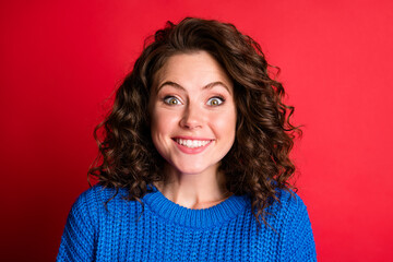 Sticker - Close-up portrait of her she nice attractive pretty funky girlish childish cheerful cheery girl wear warm blue garment enjoying good great news isolated bright vivid shine vibrant red color background