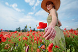 Fototapeta Tulipany - Summertime. Young woman in hat on red poppy field.