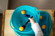 © natalialeb - Toddler child plays with water in a basin, developing sensory activities with water and objects, montessori and earlier child development, toddler independence