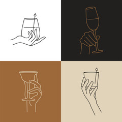 Vector design linear template signs or emblems - hands in different gestures glass of drink