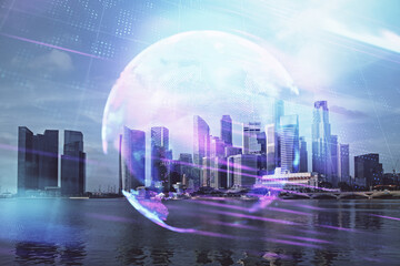 Double exposure of technology theme hologram and cityscape background. Concept of Hightech.