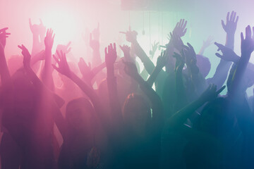 Canvas Print - Photo of big company many people crazy atmosphere dance floor neon bright spotlight modern club indoors