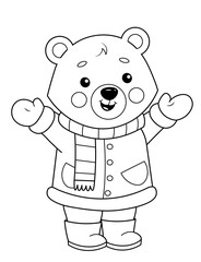 Wall Mural - Coloring page of a cute cartoon teddy bear in winter clothes. Coloring book for kids