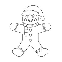 Wall Mural - Coloring page of a cute cartoon gingerbread in a Christmas hat. Vector black and white illustration isolated on white background