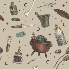Poster - Seamless pattern with magic background for witches and wizards. Mystical objects for witchcraft vector illustration. Pot, jars of potion, knife, mortar, feather. Wicca and pagan traditions.
