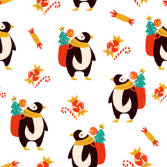 Wall Mural - Festive seamless pattern with cute penguins, Christmas trees and candies.