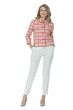 © ulianna19970 - blond business woman in red checkered jacket and trousers pant suit high heels shoes full body photo