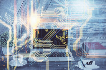 Aufkleber - Double exposure of desktop with computer and world map hologram. International data network concept.
