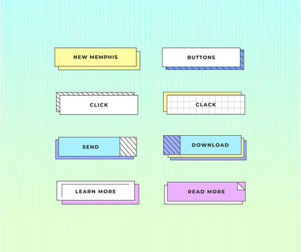 Vector set of different buttons in new memphis style. Template, banner with space for text. 