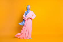 Full Length Body Size View Of Pretty Cheery Feminine Muslimah Wearing Hijab Dress Festal Day Isolated On Bright Yellow Color Background