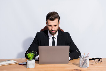 Sticker - Photo of handsome boss business guy look notebook table writing colleagues seriously reliable person corporate chatting wear black blazer shirt suit sit chair isolated grey background