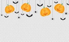 Halloween Party  Background With Happy Smiling  Pumpkin Face , Bats, Spiders In Paper Cut Style, Hanging From Top  Isolate On  Png Or Transparent Background, Graphic Resources For Sale Template Vector
