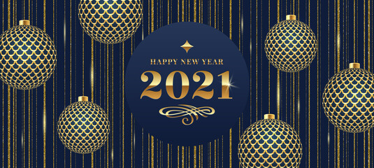 Wall Mural - 2021 New Year greeting and golden baubles on glitter striped background. Vector illustration. Christmas holidays design for greeting card, calendar,  invitation, etc.