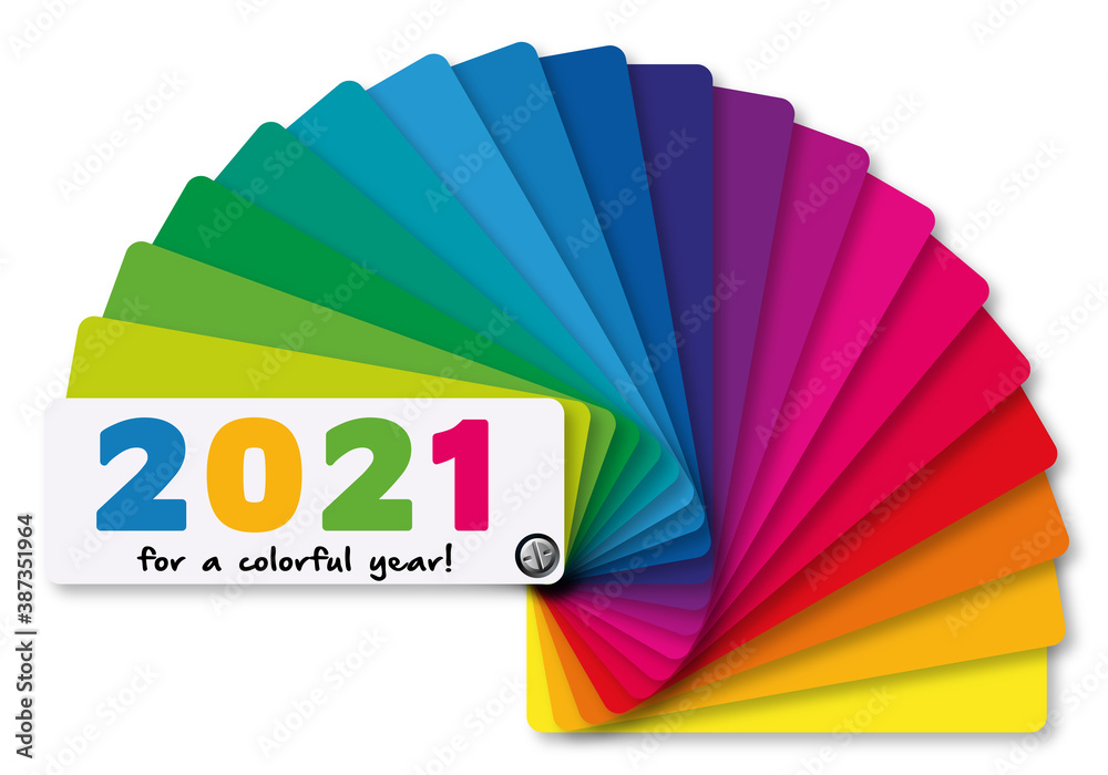 Carte de voeux 2021 décorative aux couleurs vives, présentant le concept de la diversité avec comme symbole un nuancier multicolore. - obrazy, fototapety, plakaty 