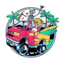 Surfing T-shirt Vector Designs. Surf Van With Crazy Skeleton And Blondie Girl. Vector Illustration.