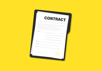 Poster - Contract papers. Document. Folder with stamp and text. Stack of agreements document papers with signature and approval stamp. Contract documents. Concept of business paperwork, flat illustration