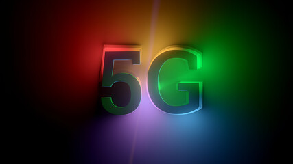Poster - 5G word highlighted with different light from different sides. Bright colorful 3d render.