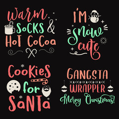 Christmas lettering quotes set. Silhouette calligraphy posters with quotes. With santa, candy, decor. Illustrations for greeting card, t-shirt print, mug design. Stock vector