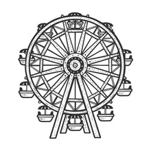 Ferris Wheel Sketch Engraving Vector Illustration. T-shirt Apparel Print Design. Scratch Board Imitation. Black And White Hand Drawn Image.