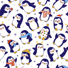 Sticker - Seamless pattern with cute little penguins border isolated on white - cartoon characters background for funny Christmas and New Year holidays textile and wrapping paper design