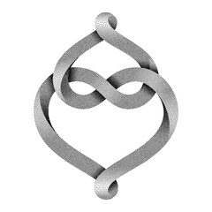 Two hearts intertwine forming an infinity sign made of stippled mobius strips. Symbol of eternal love. Vector illustration.