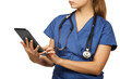 Healthcare, technology and medicine concept - female doctor in blue surgical suit with stethoscope and tablet computer.