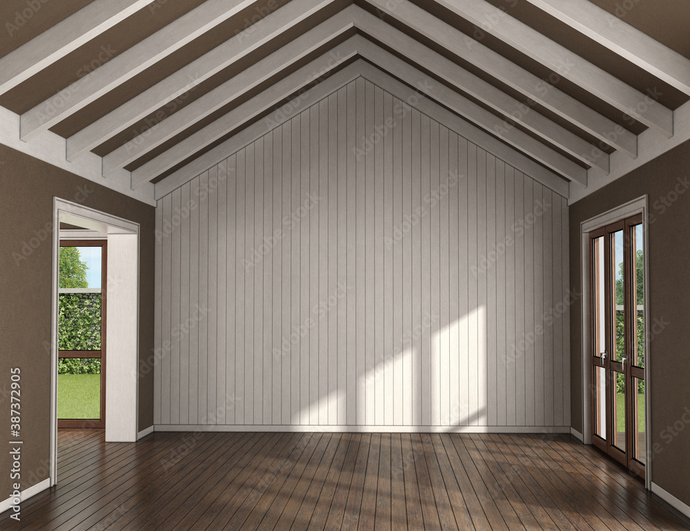 Empty living room with wooden wall on background - obrazy, fototapety, plakaty 