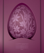 Easter Purple Greeting Card With Painted Egg And Narcissus Flowers. Easter Background With Copy Space For Your Text. 